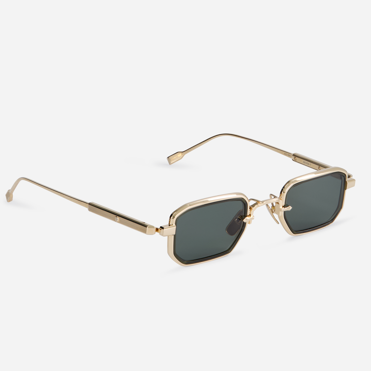 The Deneb-T LG-1 eyeglasses come with a titanium frame featuring a lunar gold coating, along with a green olive takiron rim insert and G15 green lenses.