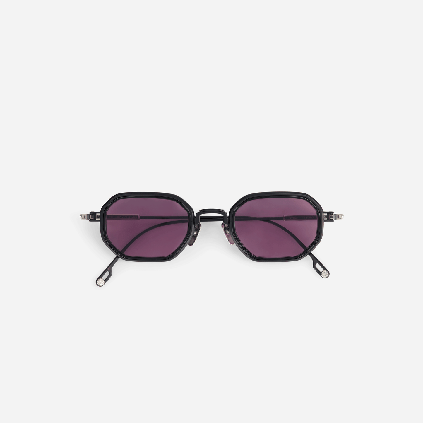 Timir-T S5505 glasses, featuring pure black and platinum titanium frames, a bold black Takiron insert, and captivating violet lenses for a touch of glamour. Sato Eyewear