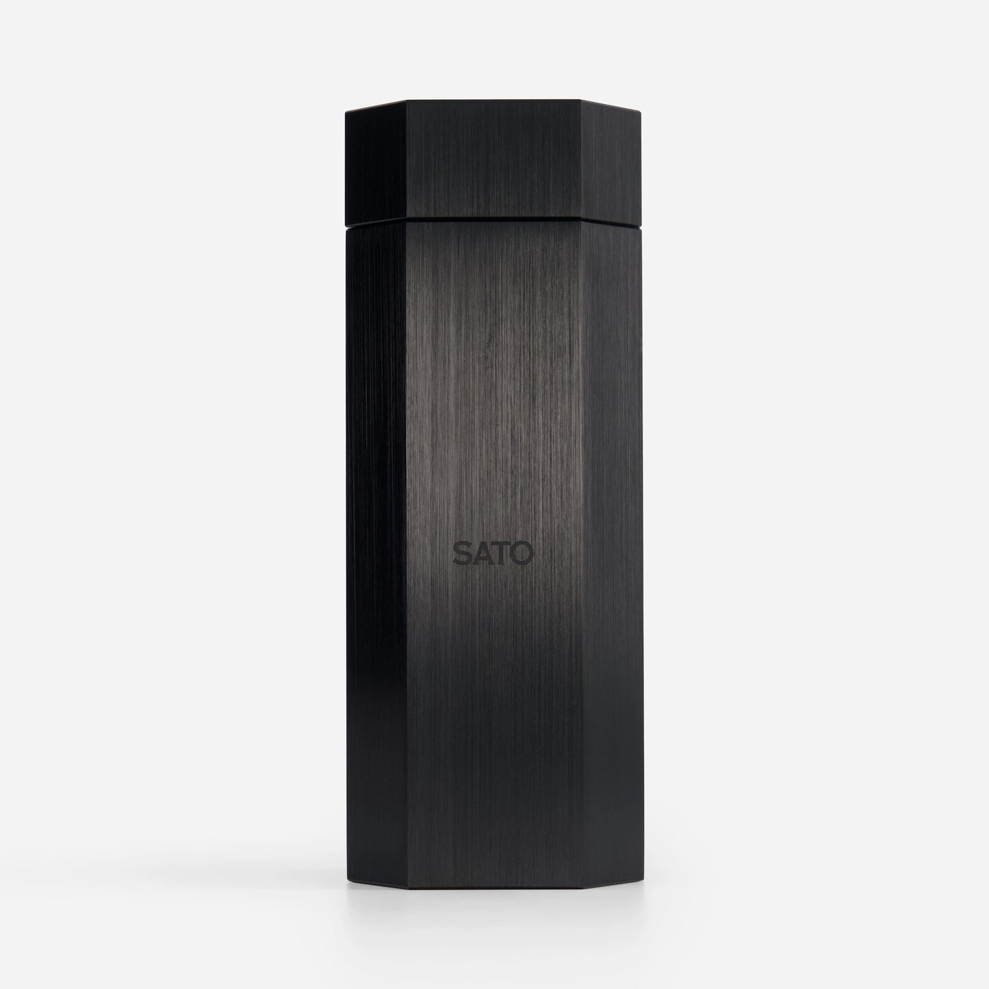 Black hexagonal container with 'SATO' branding on a white background
