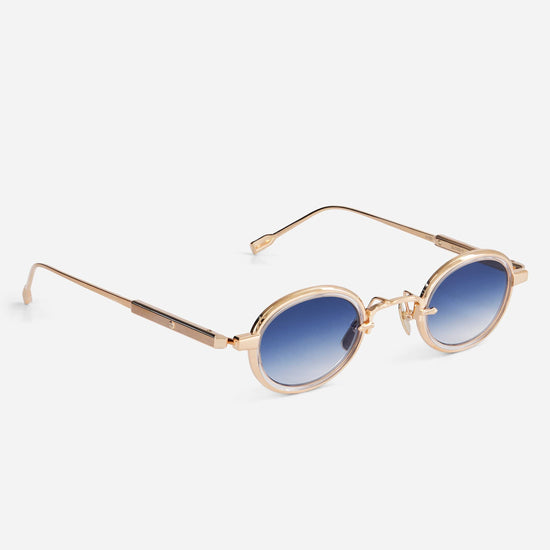 Rose gold Algedi-T RG-1 sunglasses with a crystal insert and blue gradient lenses, handmade by Sato