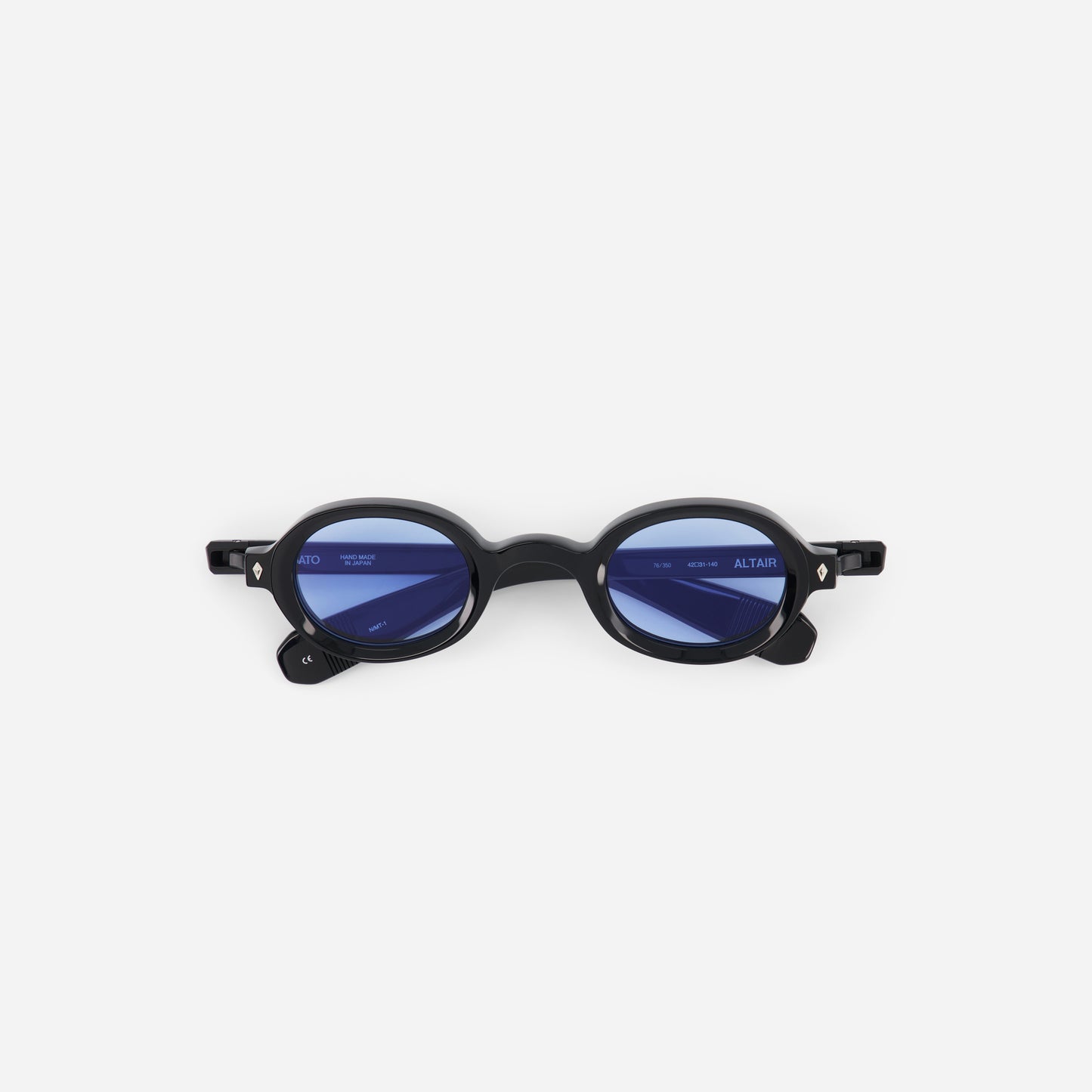 Black oval sunglasses with blue lenses on a white background