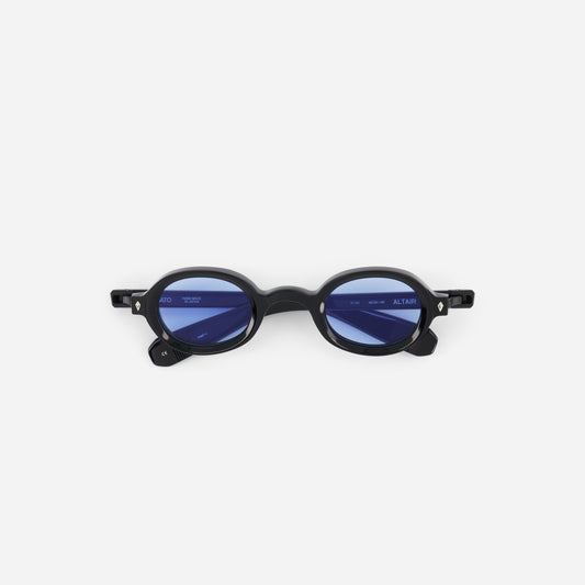Black oval sunglasses with blue lenses on a white background