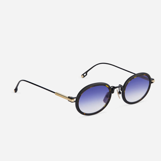 Sato retro-style sunglasses with a tortoise takiron rim insert and gradient blue lenses
