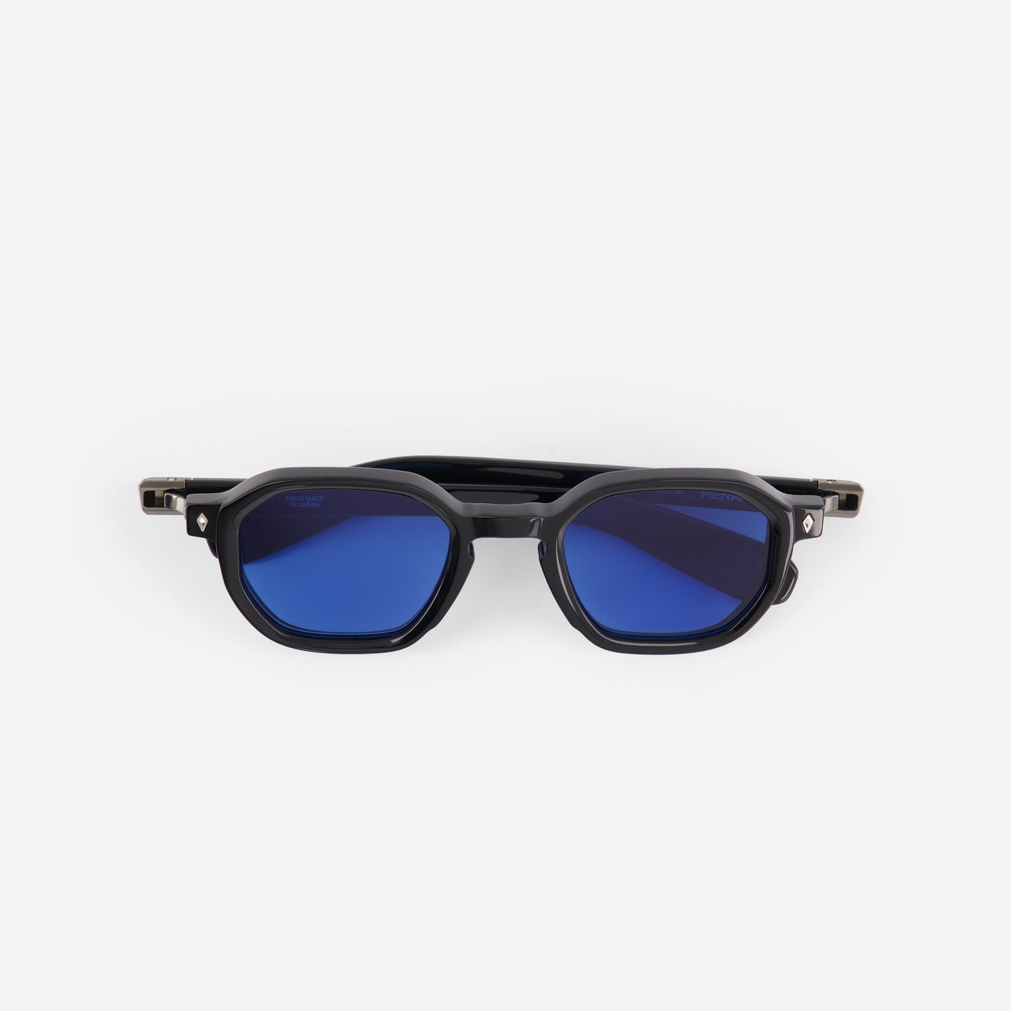 Black sunglasses with blue lenses on a white background