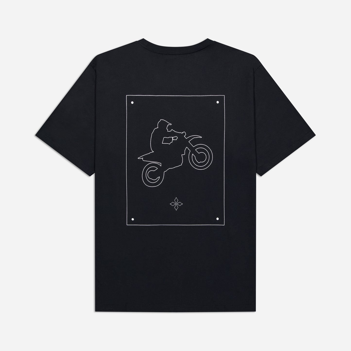 Black t-shirt with a white graphic of a person on a motorcycle on a light gray background