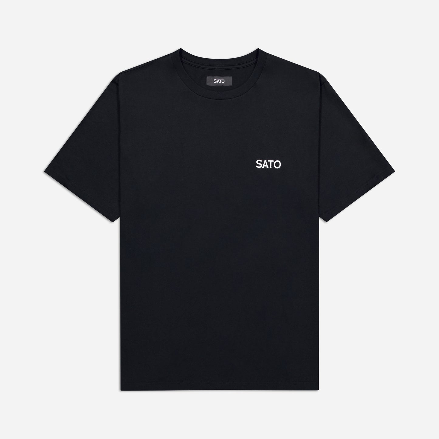 Black t-shirt with 'SATO' branding on a white background