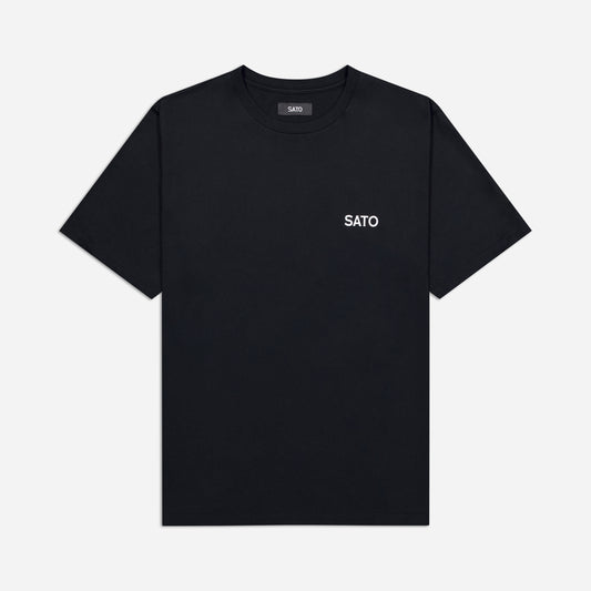Black t-shirt with 'SATO' branding on a white background