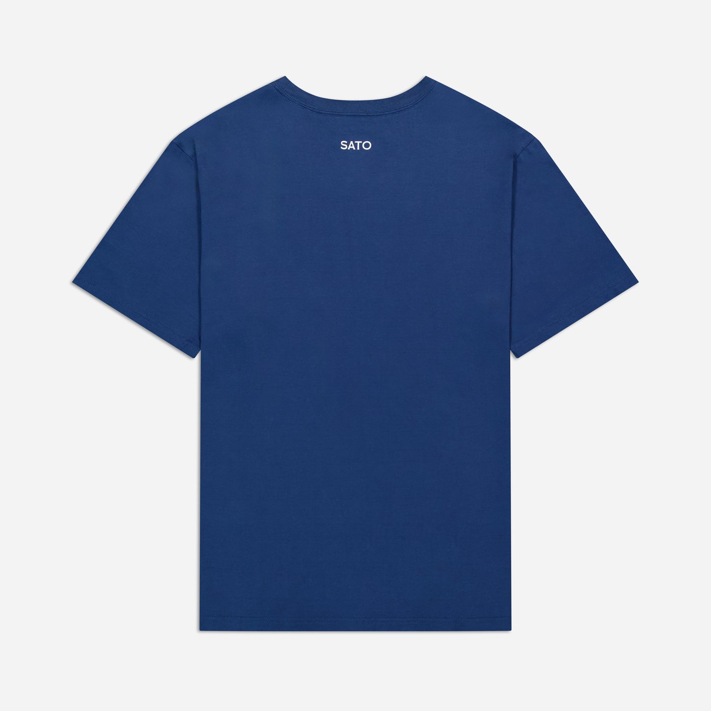 Blue t-shirt with 'SATO' branding on the back against a light gray background