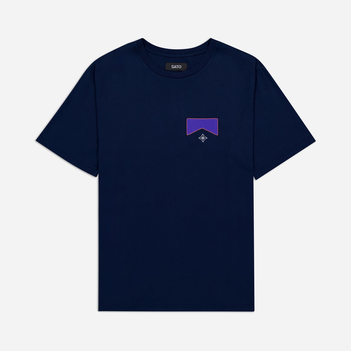 Navy blue t-shirt with a small purple logo on a light gray background
