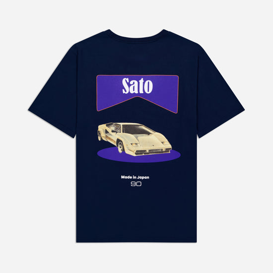 Navy blue t-shirt with a graphic of a car and 'Sato' branding on a white background