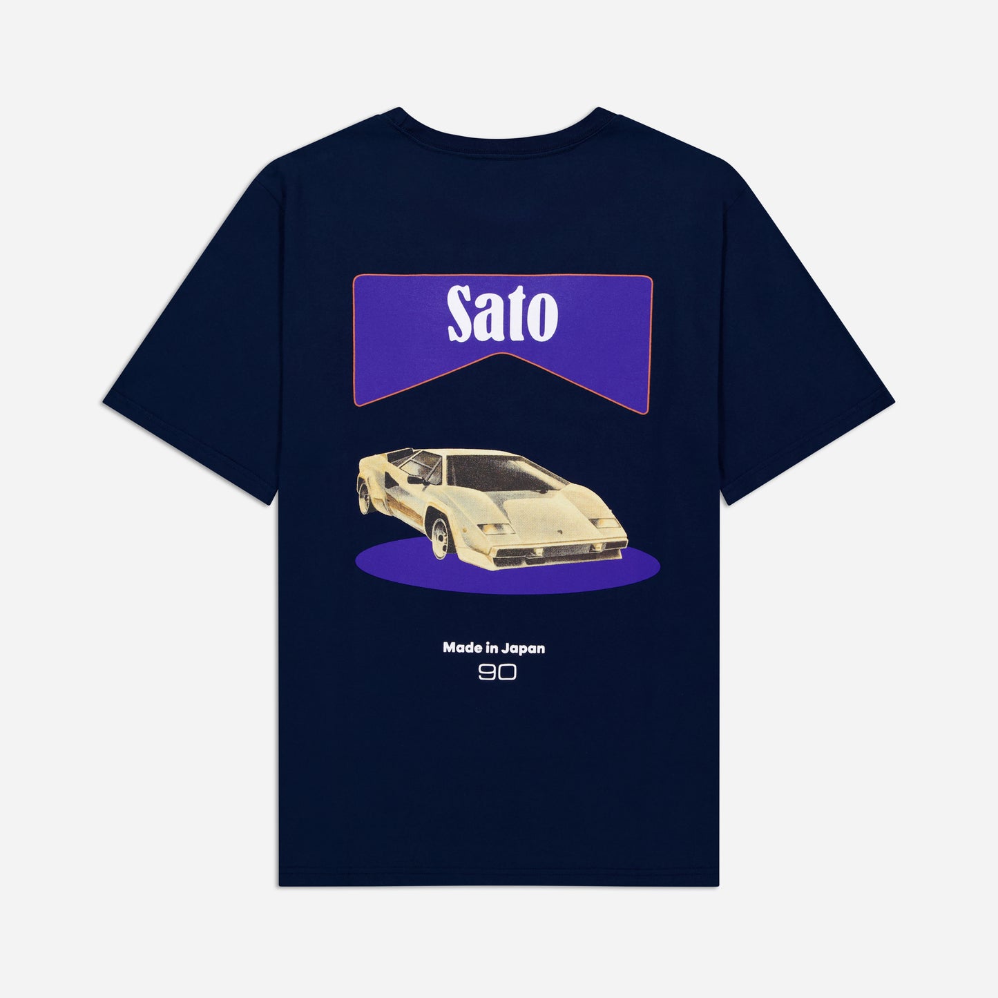 Navy blue t-shirt with a graphic of a car and 'Sato' branding on a white background
