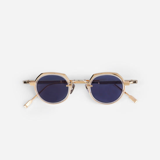 Revati-T RG/P-1 sunglasses in rose gold and platinum with a crystal grey insert and BL16 blue lenses, crafted in Fukui, Japan by SATO. Each pair is numbered