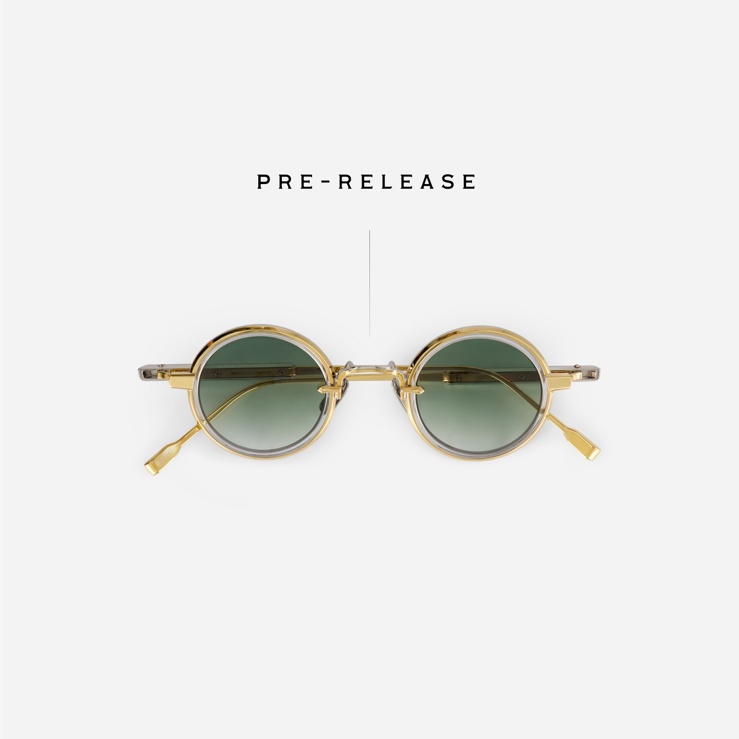 The Rotanev-T YG/P-1 features a titanium frame with yellow gold and platinum coatings, a crystal takiron rim insert, and gradient green lenses.