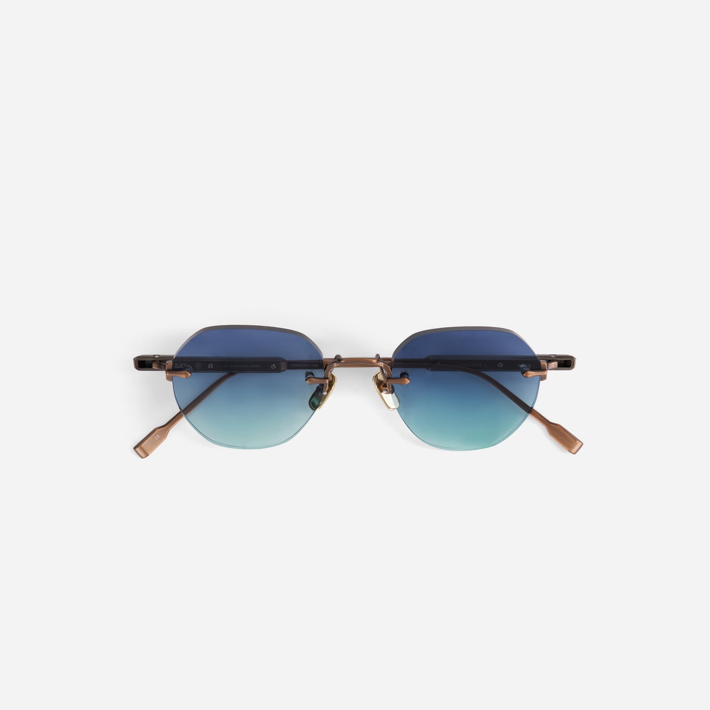 Sunglasses with gradient blue lenses on a white background