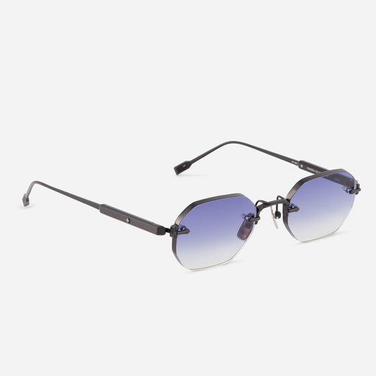 A pair of rimless sunglasses with a dark gunmetal frame and gradient blue-to-purple lenses, shown on a light gray background.