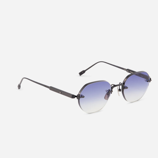 Round rimless sunglasses with a dark gunmetal frame and blue-to-clear gradient lenses, shown on a light gray background.