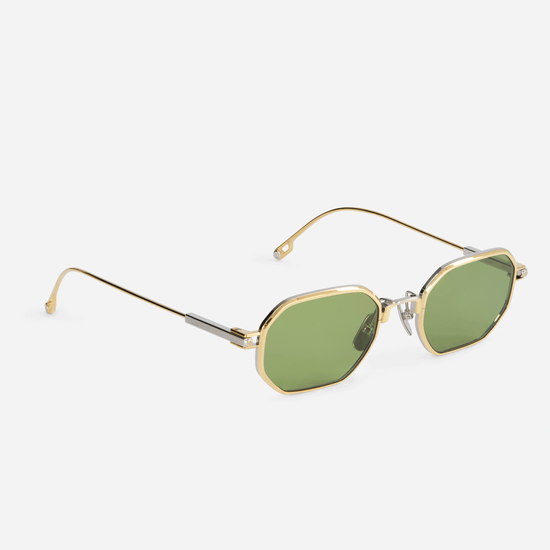 Timir S502 hexagonal glasses, expertly made from premium Japanese titanium in the stunning Yellow Gold and Platinum shades, complemented by stylish green lenses.