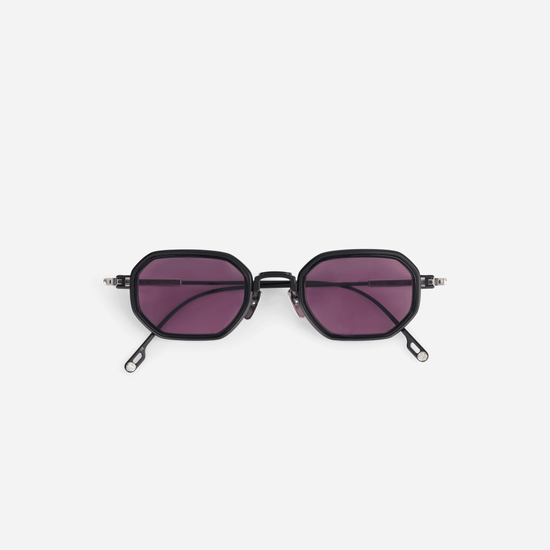  Timir-T S5505 glasses, featuring pure black and platinum titanium frames, a bold black Takiron insert, and captivating violet lenses for a touch of glamour. Sato Eyewear