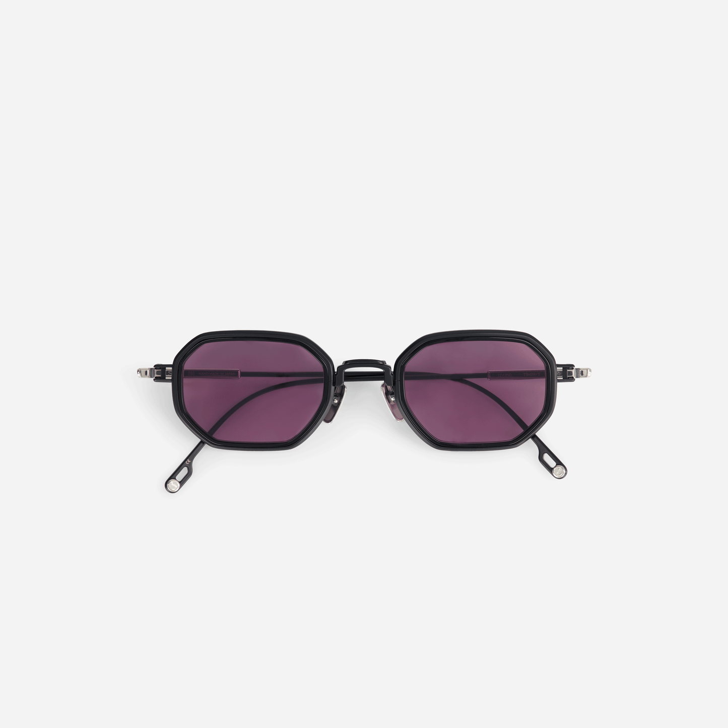  Timir-T S5505 glasses, featuring pure black and platinum titanium frames, a bold black Takiron insert, and captivating violet lenses for a touch of glamour. Sato Eyewear