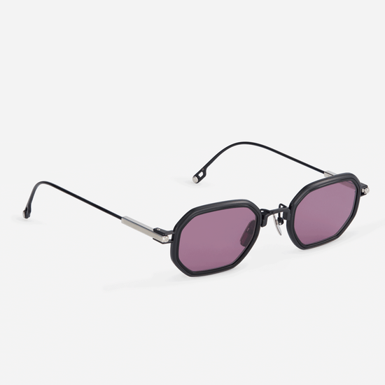 Timir-T S5505 glasses, meticulously crafted from pure black and platinum titanium, complemented by a sleek black Takiron insert and violet lenses.