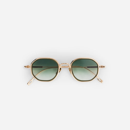 Toliman-T S3309 hexagonal sunglasses crafted from pure rose gold titanium, featuring green gradient lenses and an elegant olive green insert.