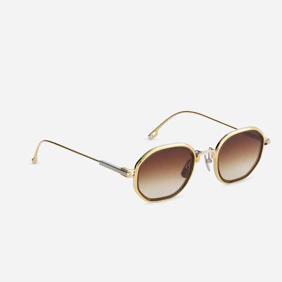Toliman-T S3303 hexagonal sunglasses crafted from pure yellow gold and silver titanium, featuring brown gradient lenses and a rich chocolate brown insert.