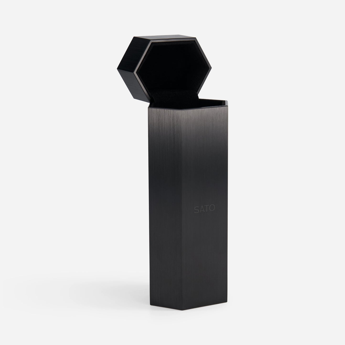 Black sunglasses box with hexagonal lid on a white background